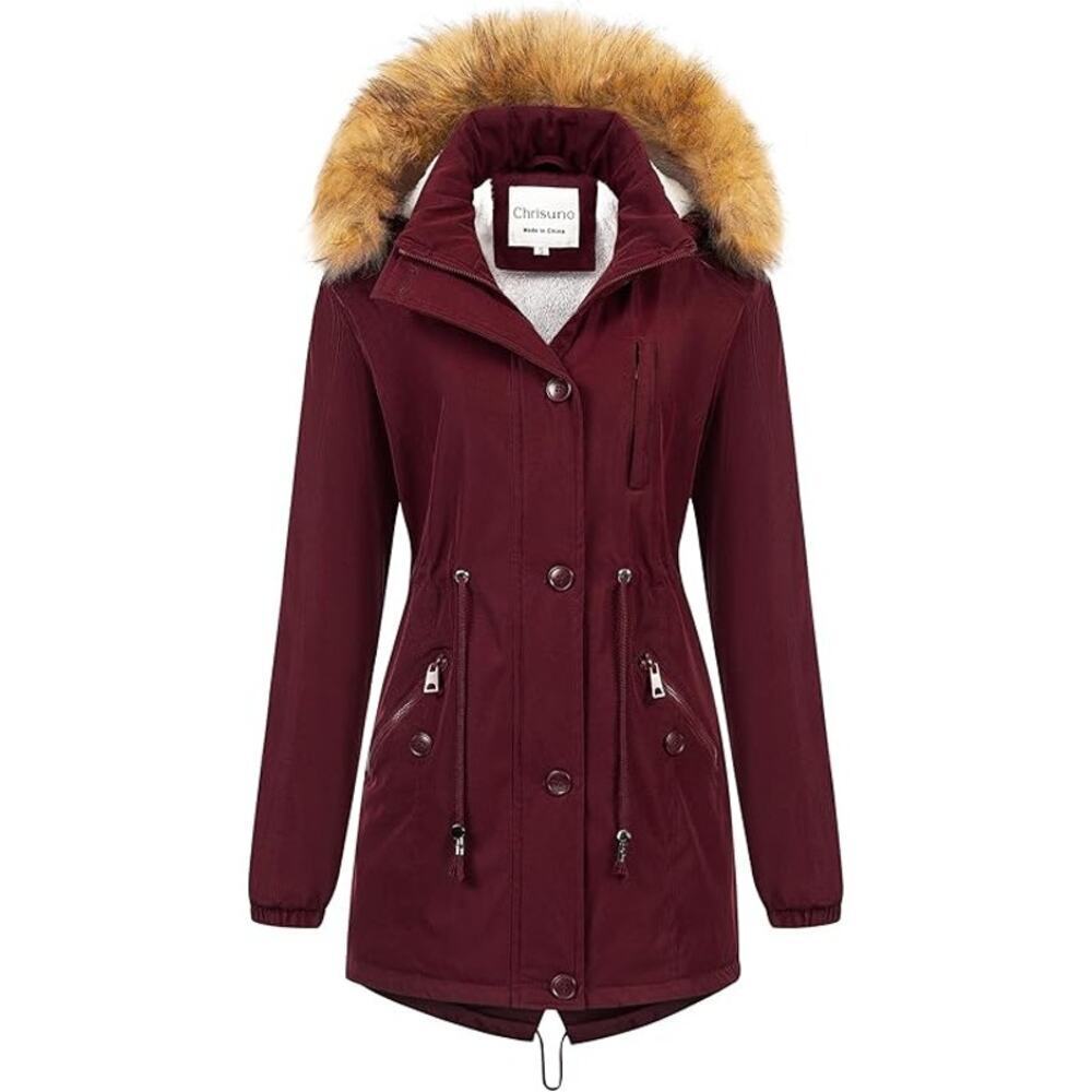 Chrisuno Women's Mid-Length Winter Parka Faux Fur Coat in Burgundy, Size S​​